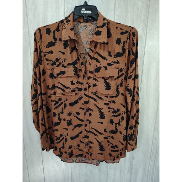 Milk & Honey Women's Rayon Button Up Roll Tab Sleeve Top Brown and Black Size XL - Picture 1 of 7